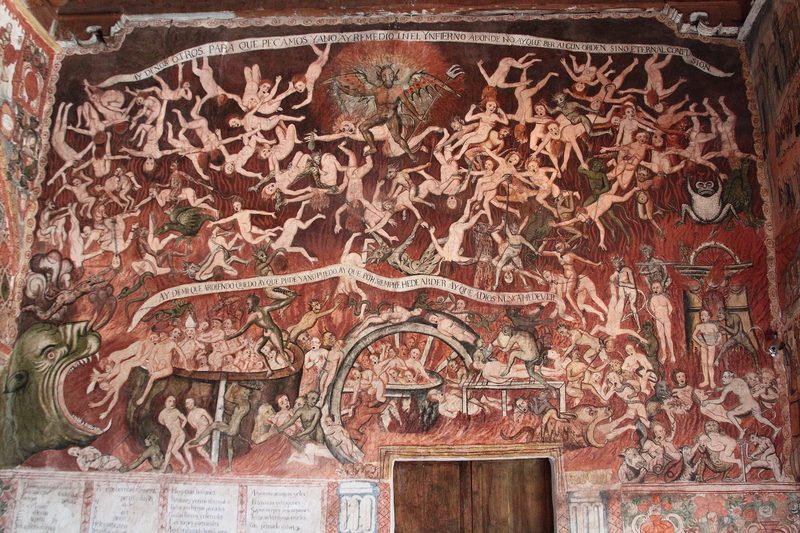 Preserved colonial wall paintings of 1802 depicting Hell, by Tadeo Escalante, inside the Church of San Juan Bautista in Huaro, Peru.