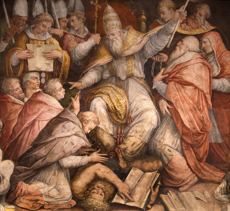 Fanciful 16th-century fresco in the Sala Regia, by Giorgio Vasari, depicting Pope Gregory IX excommunicating Frederick II.