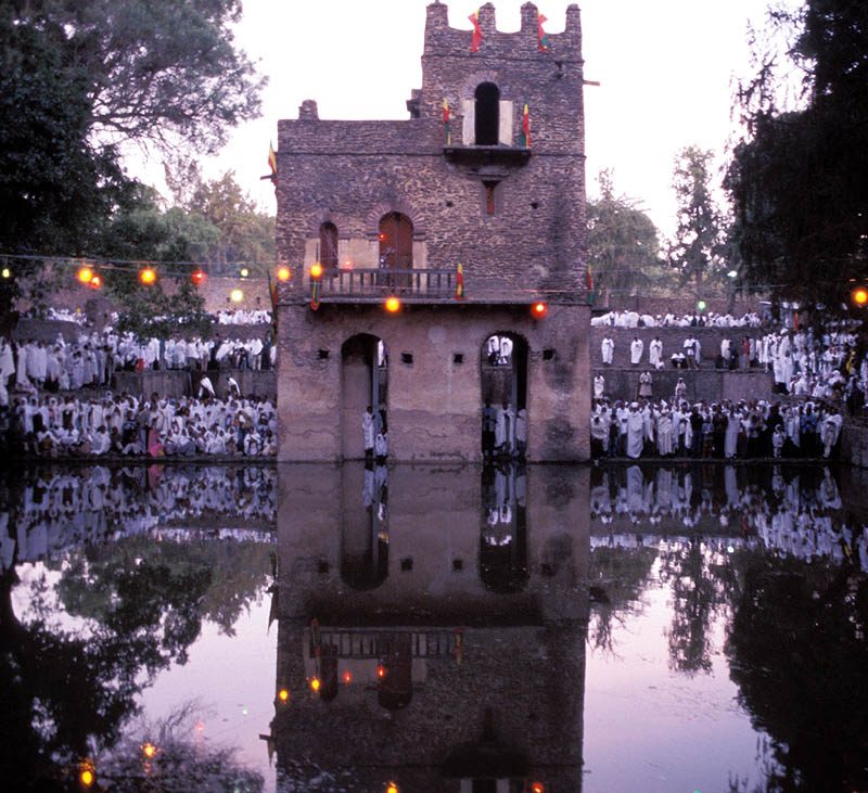 An Ethiopian Orthodox ceremony at Fasilides' Bath in Gondar, Ethiopia, celebrating Timkat (Epiphany).