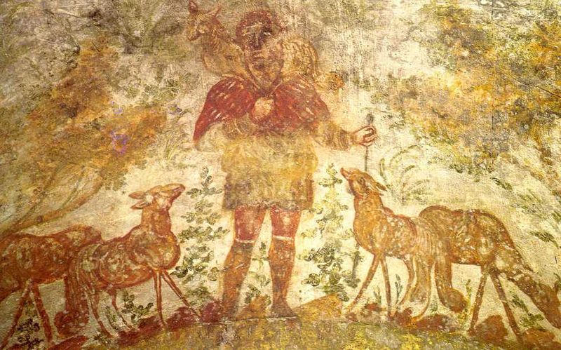 Good Shepherd, another wall painting in the Catacombs of Domitilla, Rome, from ca. 200-300 CE.