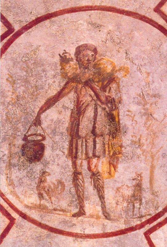 Jesus as the good shepherd, early Christian ceiling painting in the Calixtus Catacomb in Rome, around 250.