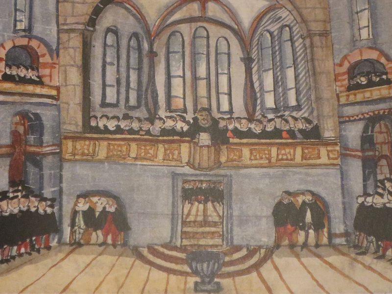 Grossmünster church in Zurich with pulpit lier, copy of Bullinger's chronicle of the Reformation, 1606.