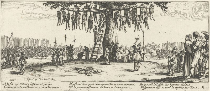 La Pendaison (The Hanging), a plate from French artist Jacques Callot's 1633 series The Great Miseries of War.