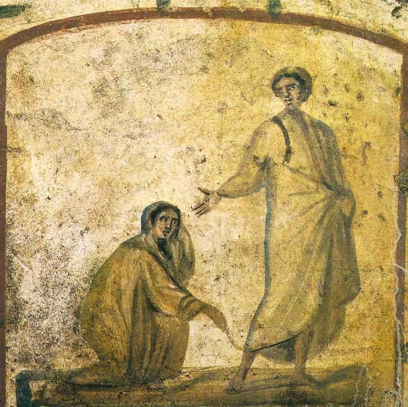 Jesus healing the bleeding woman, Catacombs Of Marcellinus and Peter, Rome, 4th-6th century.