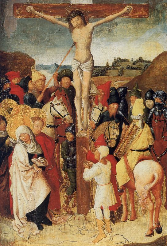 Weingartener Heilig-Blut-Tafel, 1489, showing Christ's side pierced by a lance by Longinus, drawing blood.