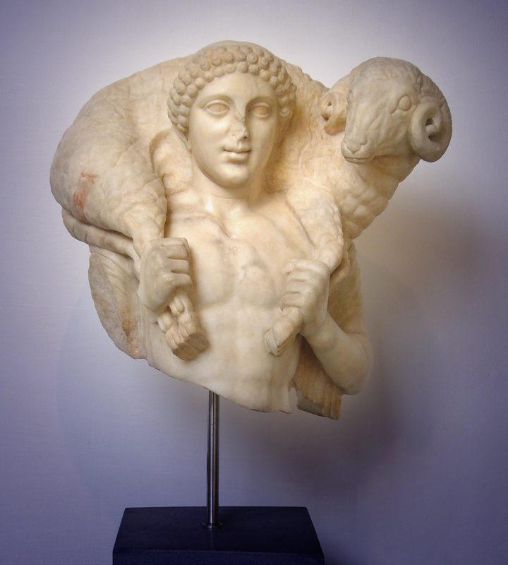 Late Roman marble copy of the a Greek statue (5th century BCE) depicting Kriophoros of Kalamis.