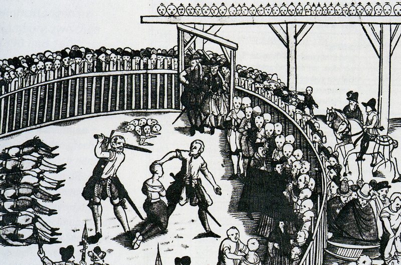 Depiction of the public execution of pirates (namely Klein Henszlein and his crew) in Hamburg, Germany, 10 September 1573. Leaflet news collection J. J. Wick (1560-1586).