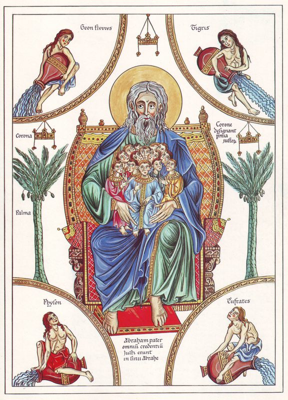The bosom of Abraham, depiction from the Hortus Deliciarum of Herrad von Landsberg, 12th century.