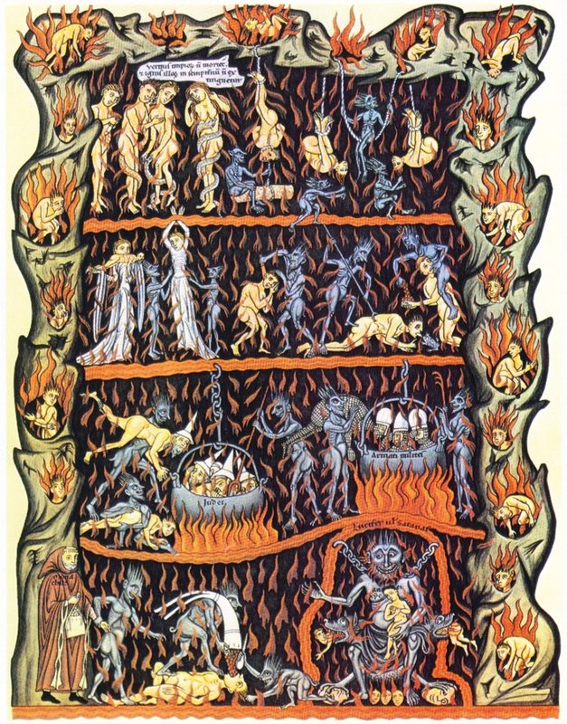 High medieval depiction of hell in the Hortus Deliciarum manuscript of Herrad von Landsberg, around 1180.