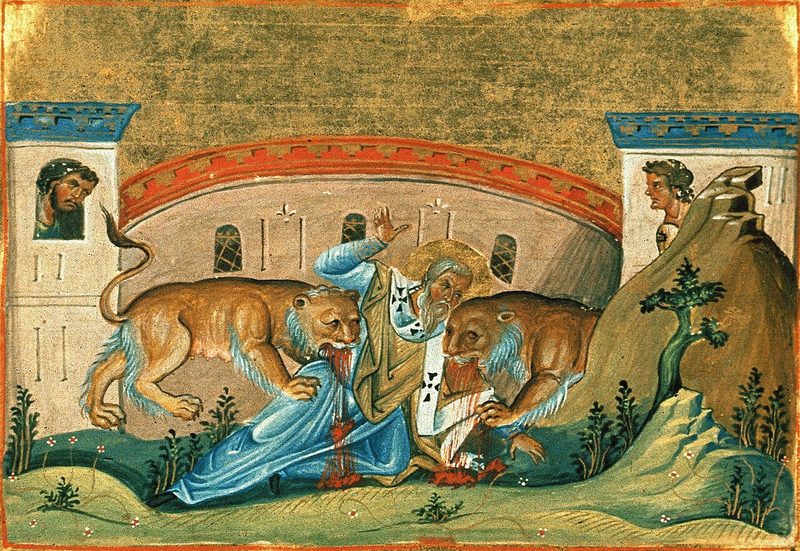 Execution of Ignatius of Antioch, reputed to have been killed in Rome under the emperor Trajan, depicted in the Menologion of Basil II, an illuminated manuscript prepared for the emperor Basil II in c. 1000.