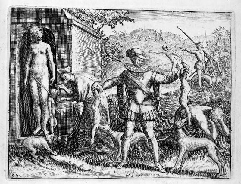 A 1598 engraving by Theodor de Bry depicting a Spaniard feeding slain Indigenous American women and children to his dogs.