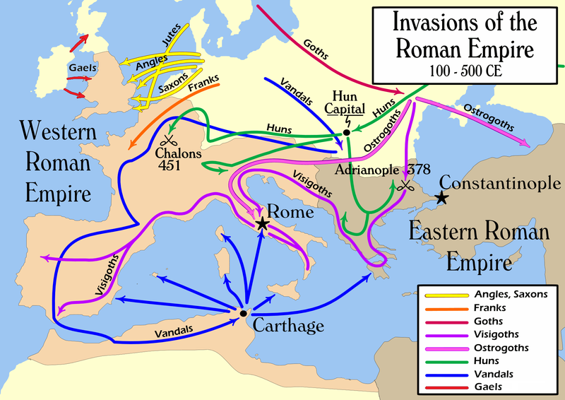 Barbarian invasions of the Roman Empire from 100-500 CE.