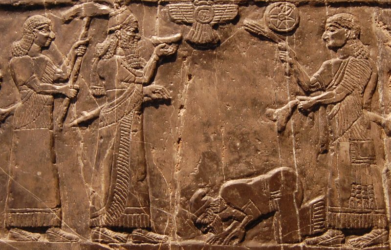 Depiction of Jehu King of Israel giving tribute to the Assyrian king Shalmaneser III on the Black Obelisk of Shalmaneser III from Nimrud (c.827 BC).