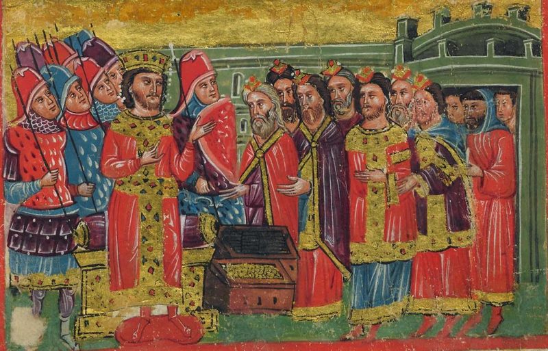 Alexander the Great, clad as a Byzantine emperor, receives a delegation of Jewish rabbis. Miniature from the 14th-century Alexander Romance.