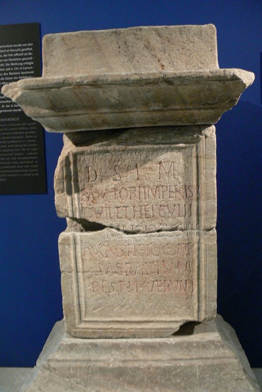 Altar (308 CE) dedicated by the 4 Roman emperors Galerius, Licinius, Maximinus Daia and Constantin at their conference in Carnuntum to Mithras.