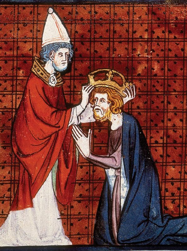 Pope Leo III crowning Charlemagne. From Chroniques de France ou de Saint Denis, volume 1, France, second quarter of the 14th century.