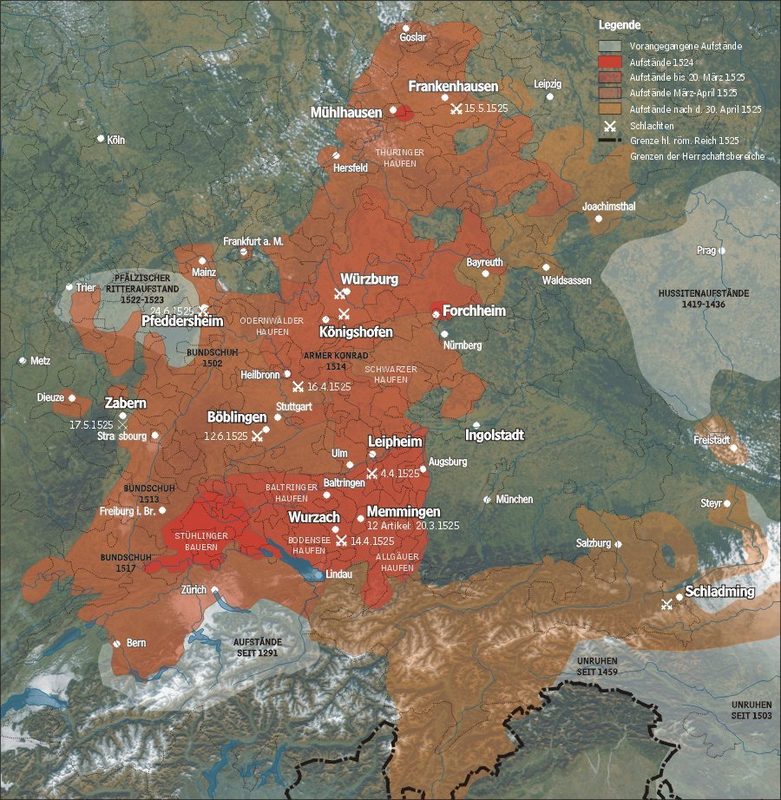 Map showing the locations of the peasant uprisings and major battles from 1524-1525.