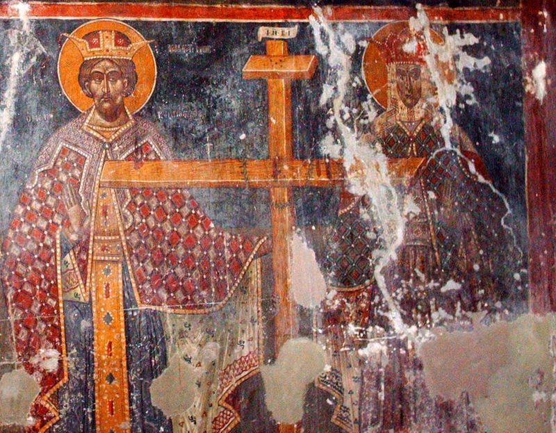 Constantine with his mother Helena and the relic she discovered of the alleged Holy Cross, icon, 16th century.