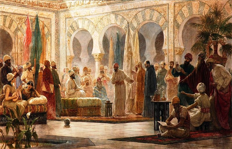 Hasdai ibn Shaprut presenting ambassador John of Gorze of Otto I the Great to Abd al-Rahman III at the Medina Azahara, by Dionisio Baixeras Verdaguer, 1885.