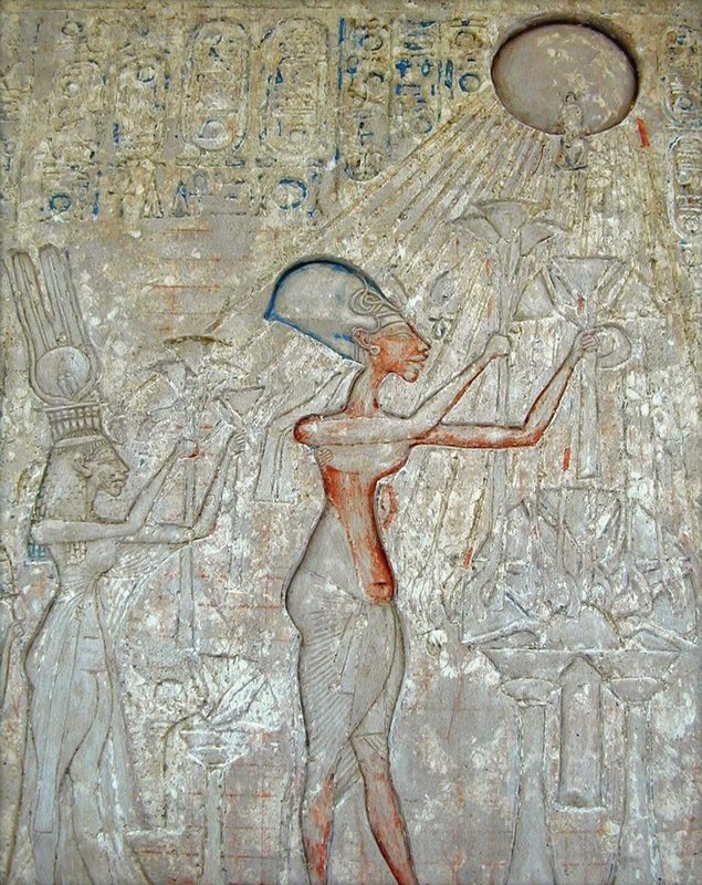 Inscription from the Royal Tomb of Amarna depicting Akhenaten, Nefertiti, and two of their daughters (obscured) worshipping, or 'adoring', the Aten. New Kingdom, late 18th Dynasty. Amarna, Egypt. The Egyptian Museum, Cairo.
