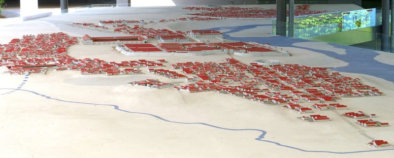 Carnuntum: Model illustration of legionary camp in the foreground and civilian town in the top right.