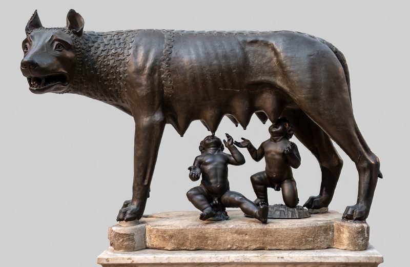 Rome's legendary beginning: the twins Romulus and Remus are suckled and raised by a she-wolf.