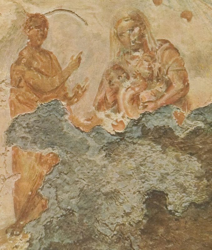 Possibly an image of Mary nursing the Infant Jesus. 3rd century, Catacomb of Priscilla.