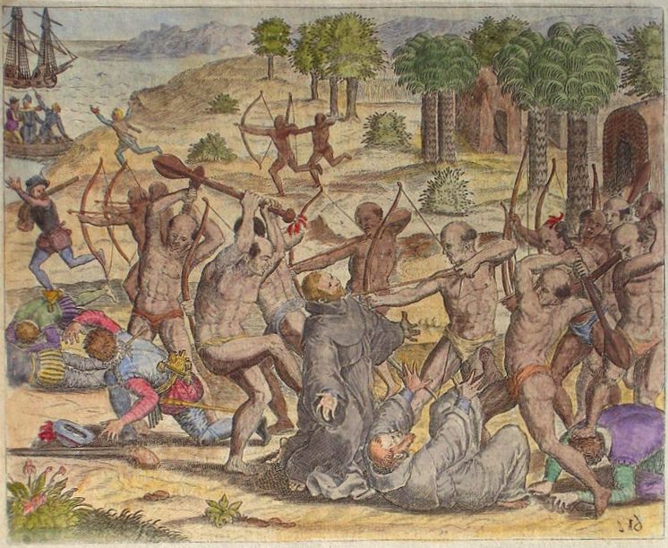 The Natives of Cumaná attack the mission after Gonzalo de Ocampo's slaving raid (1515). Colored copperplate by Theodor de Bry.