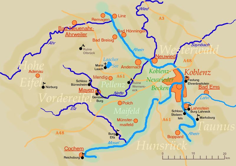 Map of the eastern Vordereifel region, showing the location of Maria Laach and the Laacher See (center) in relation to the surrounding towns and cities.