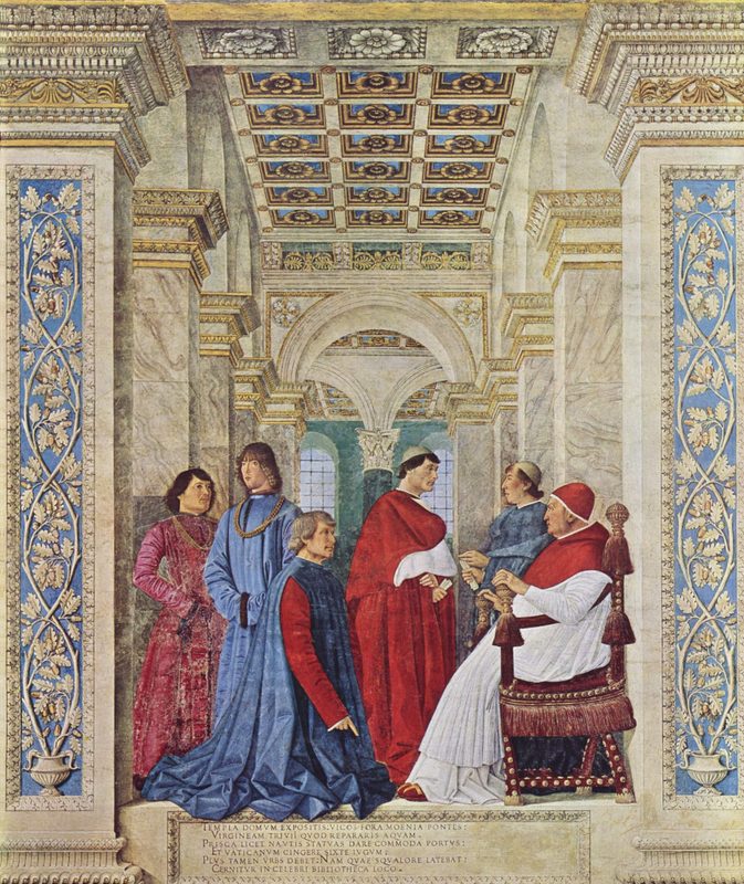 Fresco by Melozzo da Forlì, 1477, from left: Giovanni della Rovere, Girolamo Riario, Bartolomeo Platina, Giuliano della Rovere (later Julius II), Raphael Riario, all grandsons of the pope, Sixtus IV.
