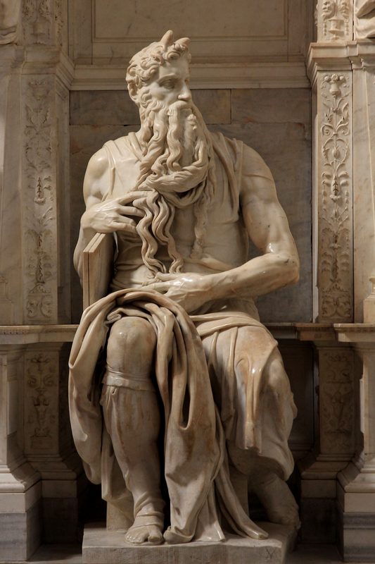 Moses, with horns, by Michelangelo, 1513–1515, San Pietro in Vincoli, Rome.