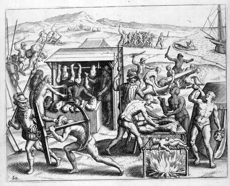Depiction of Spanish treatment of the indigenous populations in the Caribbean by Theodore de Bry, illustrating Spanish Dominican friar Bartolomé de Las Casas's indictment of early Spanish cruelty, known as the Black legend, and indigenous barbarity, including human cannibalism, in an attempt to justify their enslavement.