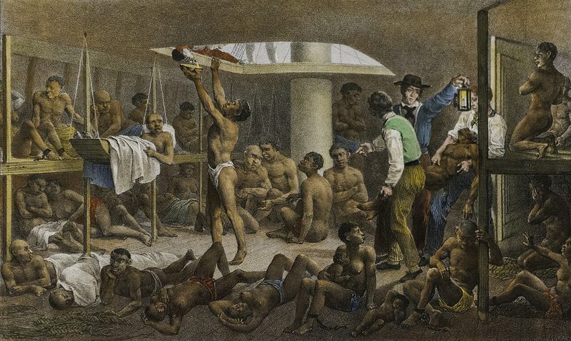 A scene below deck of a slave ship headed to Brazil, painting by the German artist Johann Moritz Rugendas, c. 1830.