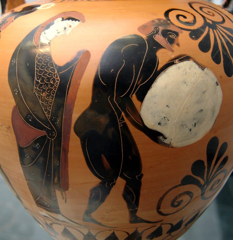 Persephone supervising Sisyphus in the Underworld, Attic black-figure amphora, c. 530 BCE.