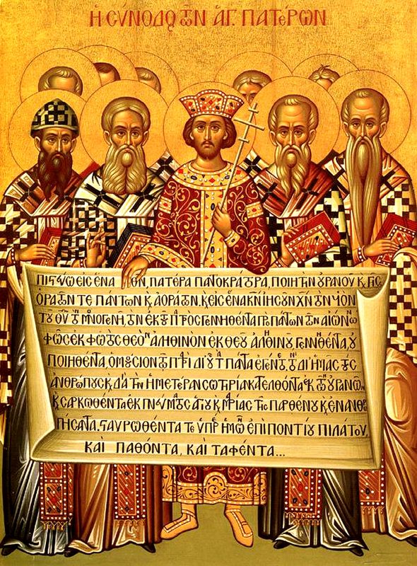 Icon depicting Constantine the Great, accompanied by the bishops of the First Council of Nicaea (325), holding the Niceno-Constantinopolitan Creed of 381.
