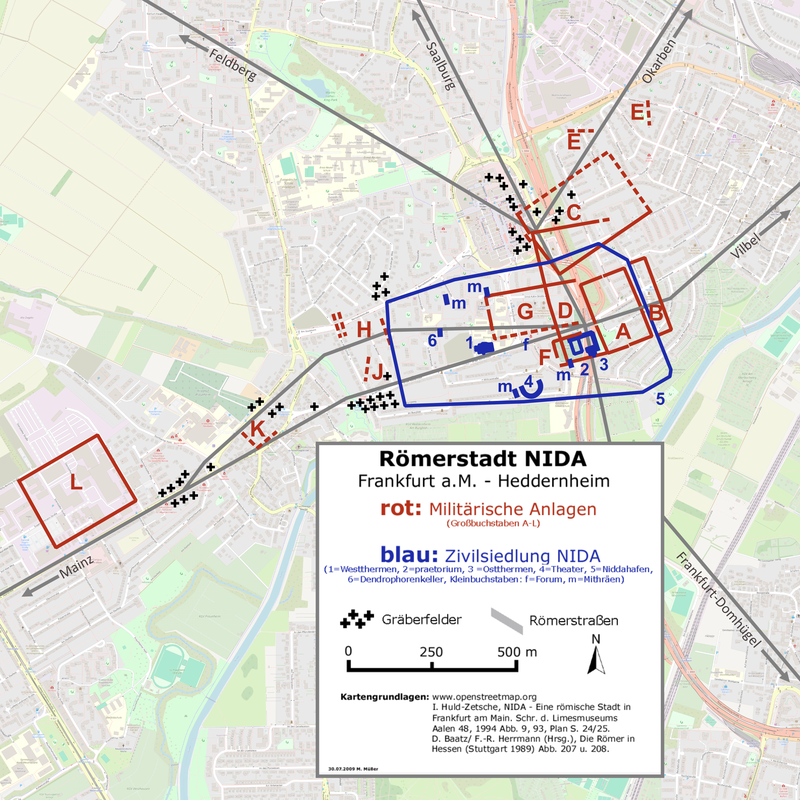 Map of Roman fortifications (in red) and civilian settlements (blue) in Nida-Heddernheim.