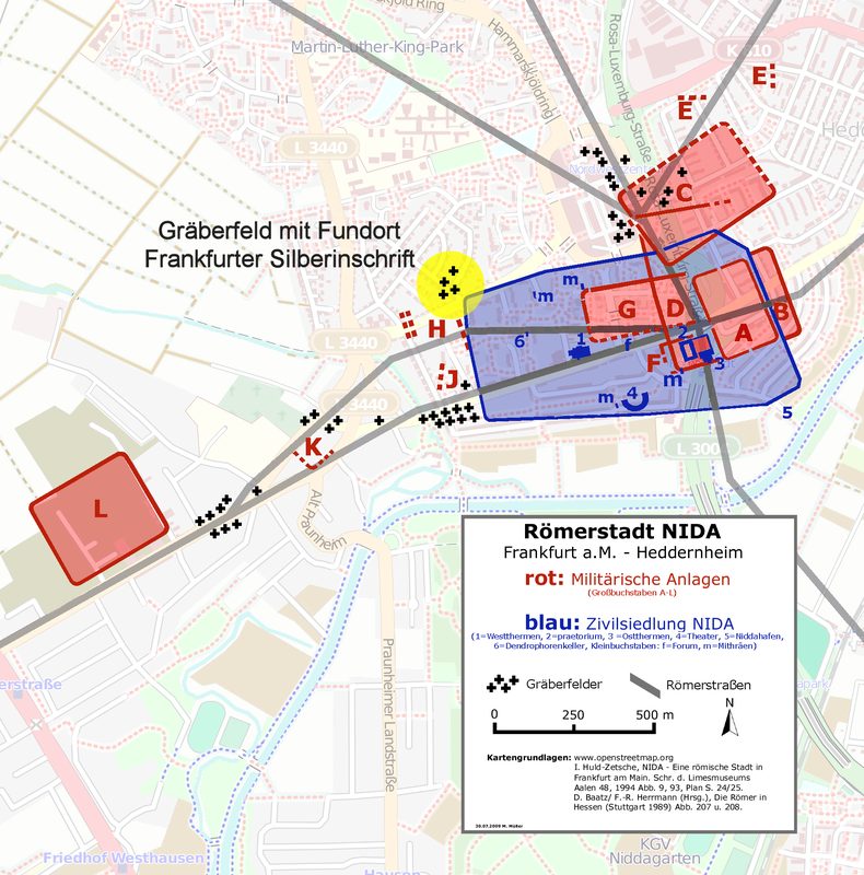 Map of Roman fortifications (red) and civilian settlements (blue) in Nida. The inscription was found at a burial site on Heilmannstraße (yellow circle).