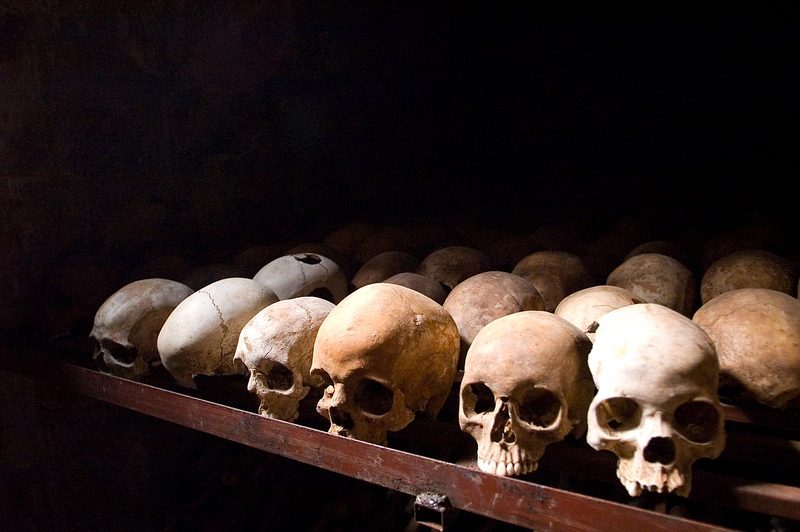 Nyamata Memorial Site, skulls. Nyamata, Rwanda. The skulls exposed are a testimony to the horrors of the 1994 Rwanda genocide – a symbol of remembrance and a call for justice for atrocities committed by institutions in charge.