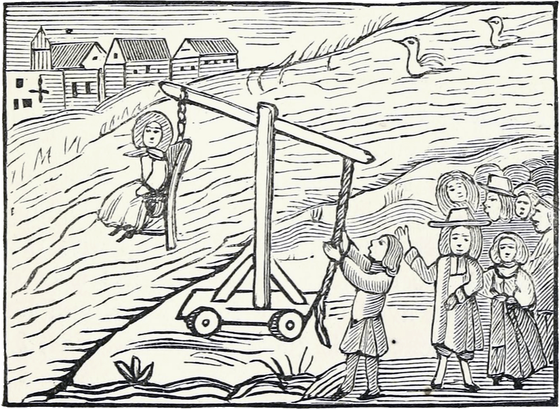 Punishing a woman accused of excessive arguing in the ducking stool, a form of water torture. Illustration from an 18th century chapbook reproduced in Chap-books of the eighteenth century by John Ashton, 1834.