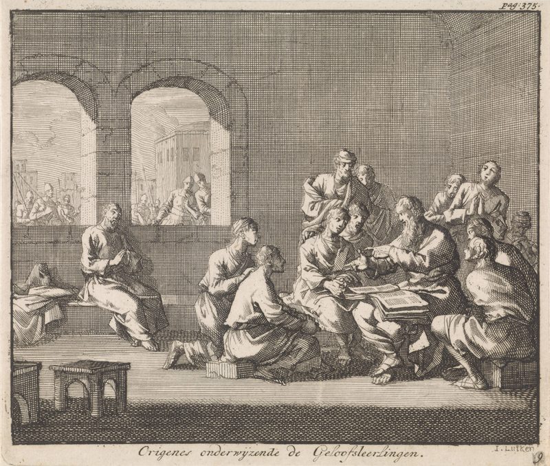 Dutch illustration by Jan Luyken (1700), showing Origen teaching his students.