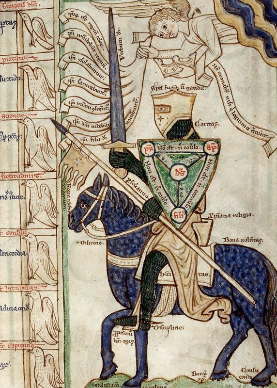 An early example of the miles christianus allegory in a manuscript of the Summa Vitiorum by William Peraldus, mid 13th century.