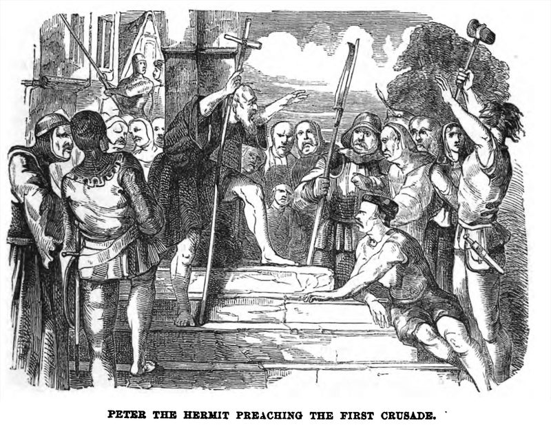 Peter the Hermit preaching the First Crusade, as cited in the 1851 Illustrated London Reading Book.