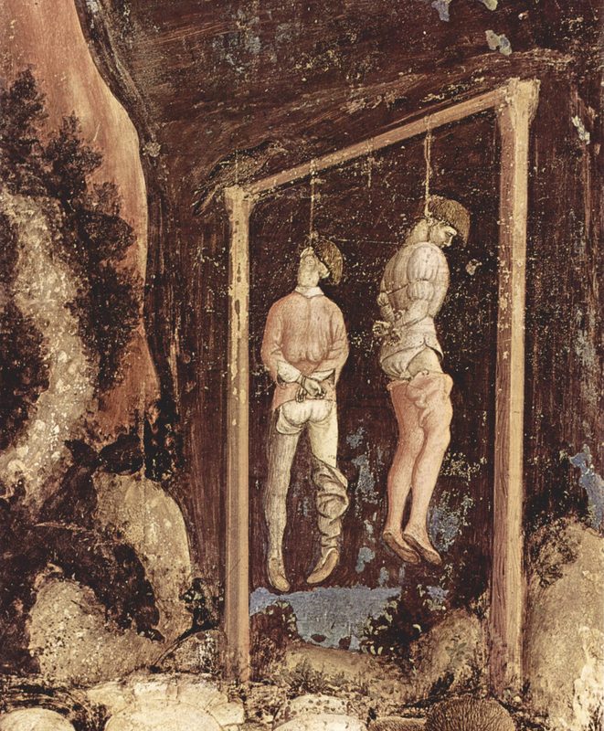 Hanging of two people, detail from a fresco in Sant' Anastasia in Verona, by Pisanello, 1436–1438.