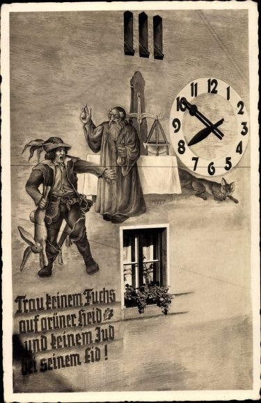 An antisemitic mural featuring a quote from On the Jews and Their Lies published as a postcard for propaganda purposes.