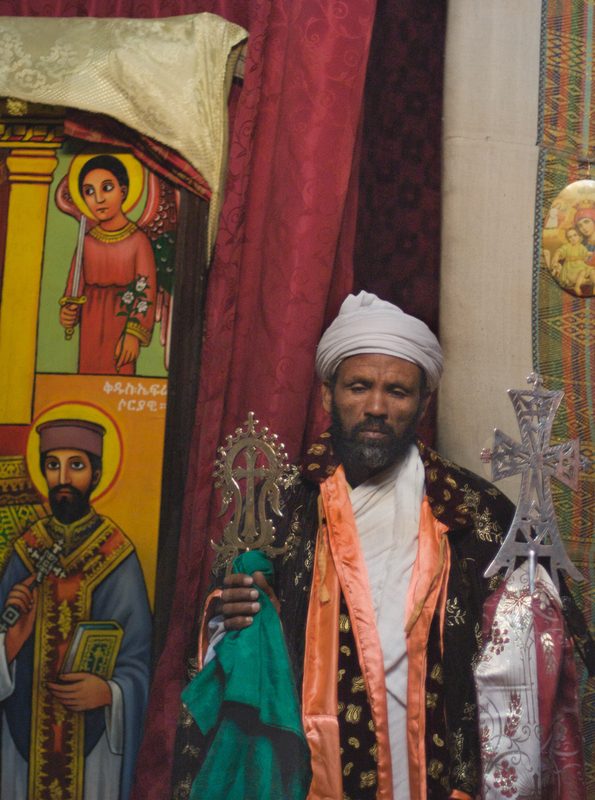 An Ethiopian Orthodox priest displays the processional crosses.