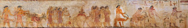 A group of West Asian foreigners, possibly Canaanites, labelled as Aamu, with the leader labelled as a Hyksos, visiting the Egyptian official Khnumhotep II c. 1900 BCE. Tomb of 12th dynasty official Khnumhotep II, at Beni Hasan.