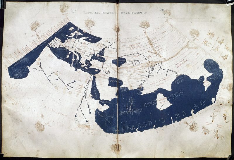 Ptolemy's world map, reconstituted from Ptolemy's Geography (circa 150) in the 15th century, indicating 'Sinae' (China) at the extreme right, beyond the island of 'Taprobane' (Ceylon or Sri Lanka, oversized) and the 'Aurea Chersonesus' (Southeast Asian peninsula).