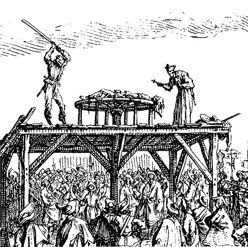 Variant of breaking on the wheel, using an iron rod to break the victim's limbs. Detail of an etching from Les Misères et les malheurs de la guerre by Jacques Callot, Paris 1633.