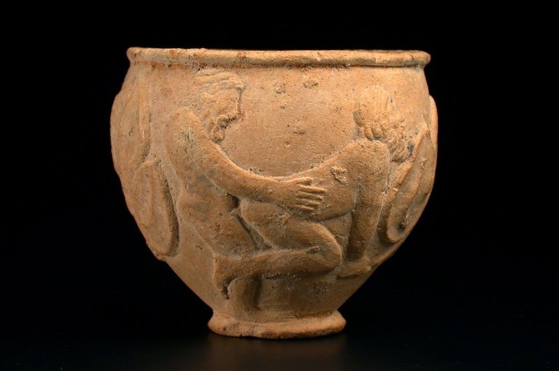 Anal sex between two males. One of two sides of a drinking cup, Greek, archaic period. 550-500 BCE.