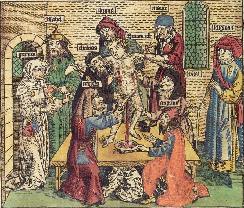 Martyrdom of Simon von Trent, depiction from the Nuremberg World Chronicle by Hartmann Schedel, 1493.